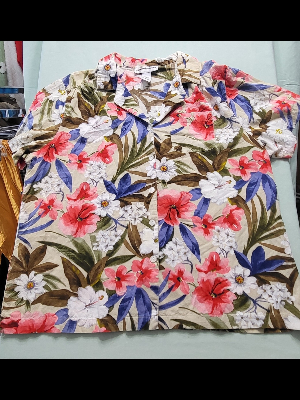 Coastal-Grandma Floral Vintage Short-Sleeve Button-Up Coral/Blue Cotton/Rayon XL